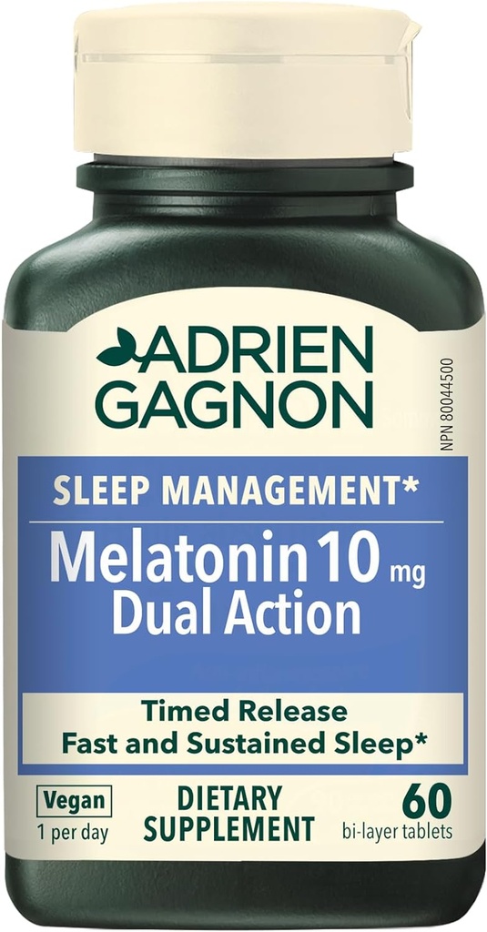 Adrien Gagnon - Melatonin 10mg, 双行动时间释放 Melatonin 用于深眠, 成人自然睡眠援助 超强力量, 60 Vegan Melatonin 快速溶解板