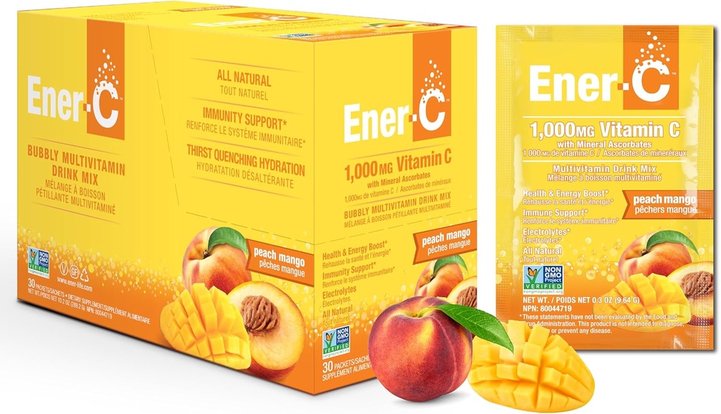 Ener-C 桃子 芒果 多维特敏 饮料 混合粉 维生素 C 1000mg和电解质 具有真实水果汁 自然能源与免疫支持 女性与男性 - 非GMO Vegan & Gluten Free - 30 Counter