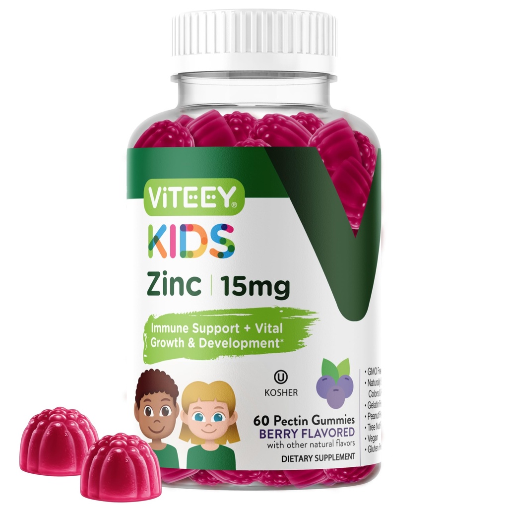 Viteey Zinc for Kids Gummys, 15mg - 免疫支持 - 强力天然抗氧化剂,Kids Zinc维生素补充剂 - Vegan, Gelatin Free, Gluten Free - 美味的可口味 Berry Flavor Gummy