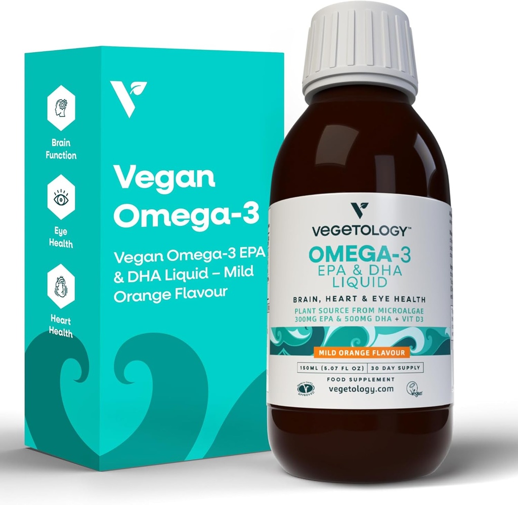 Vegen Omega 3 液体,来自微藻,来自美国环保局DHA的800毫克,配有维生素D3,支持心脏,大脑和眼部健康,天然鱼油替代品,英国制造,Mild Orange Flavoured