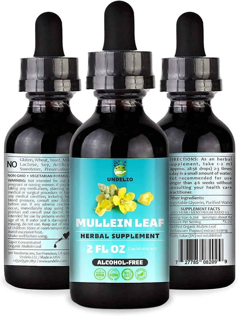 Undelio's Herbal Mullein Leaf Extract - Organic & Alcohol-Free Tincture for Respiratory, Lung, Sleep & Digestive Support - Non-GMO, Vegan - 2 fl. Oz for Immune Health & Lung Detox