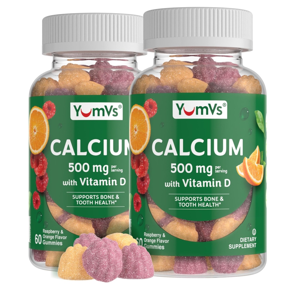 YumVs Calcium 500 mg 配有维生素D3 - Raspberry & Orange Flavor Calcium Vitamin D Gummys, 儿童与成年人可食用钙补充剂,维生素D Calcium Gummys (60 count (Pack of 2))