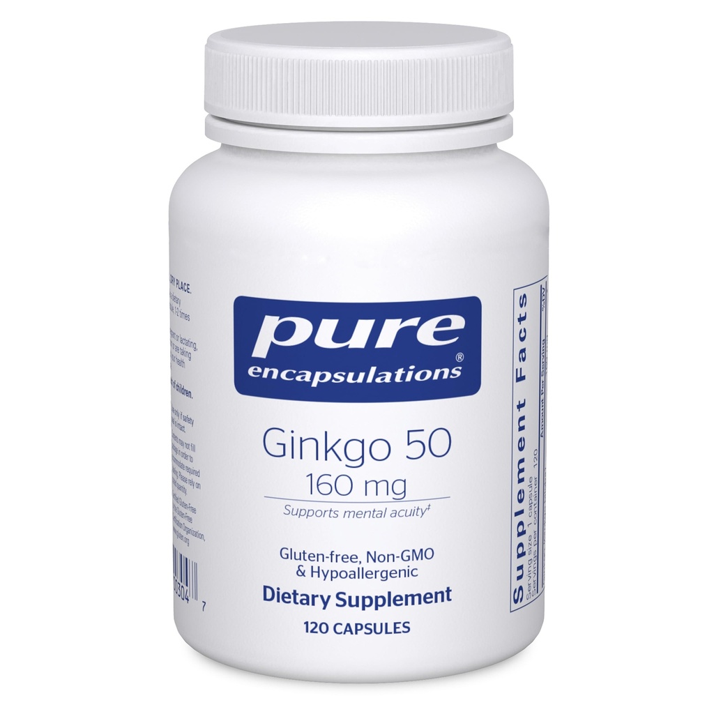 纯封装 Ginkgo 50 160 mg → Ginkgo Biloba 支持氧、血液循环和与衰老有关的Mild记忆问题的补编 * 120 mg → 120 capsules
