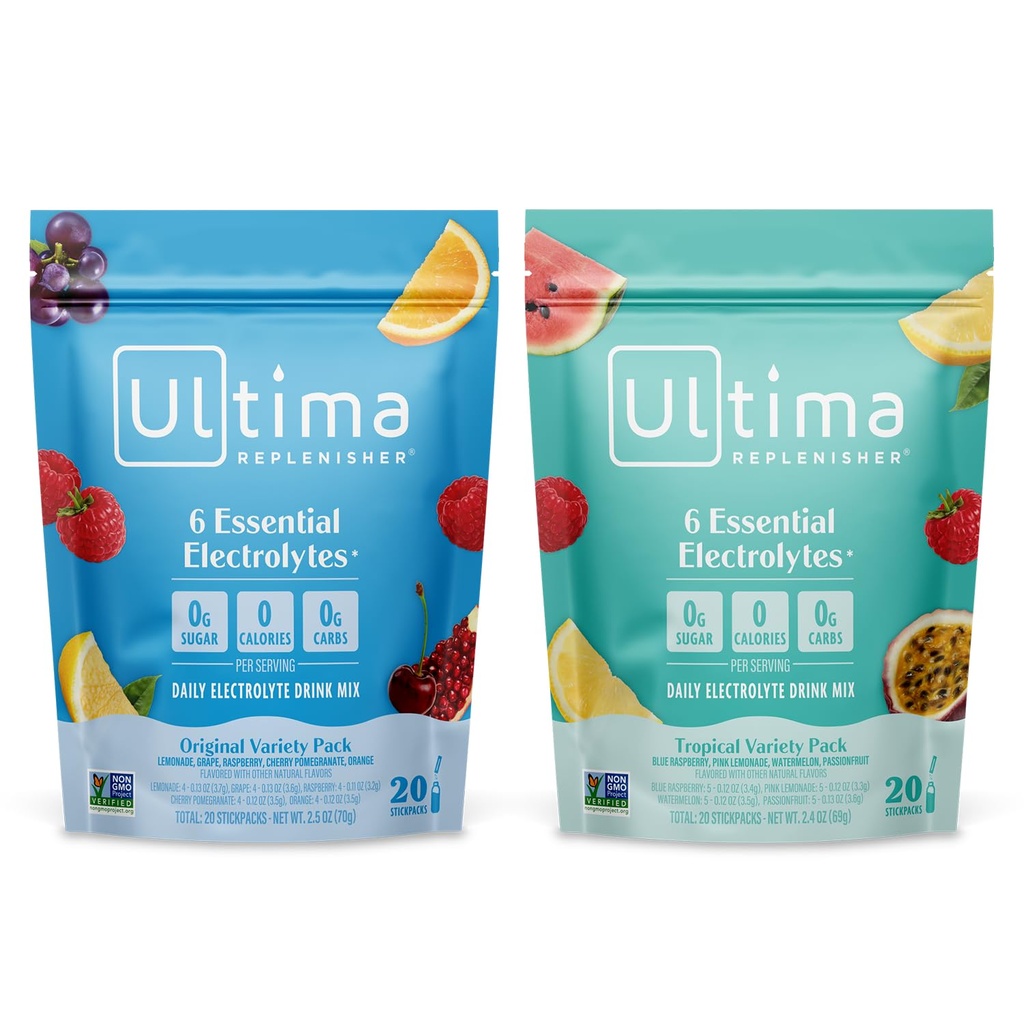 Ultima Replenisher Daily Electrolyte Powder Drinch Mix – 不含糖类 – 热带品种和五味品种 – 20 Stickpacks – 含6个电解质和矿物的水解包 – Keto, Non-GMO