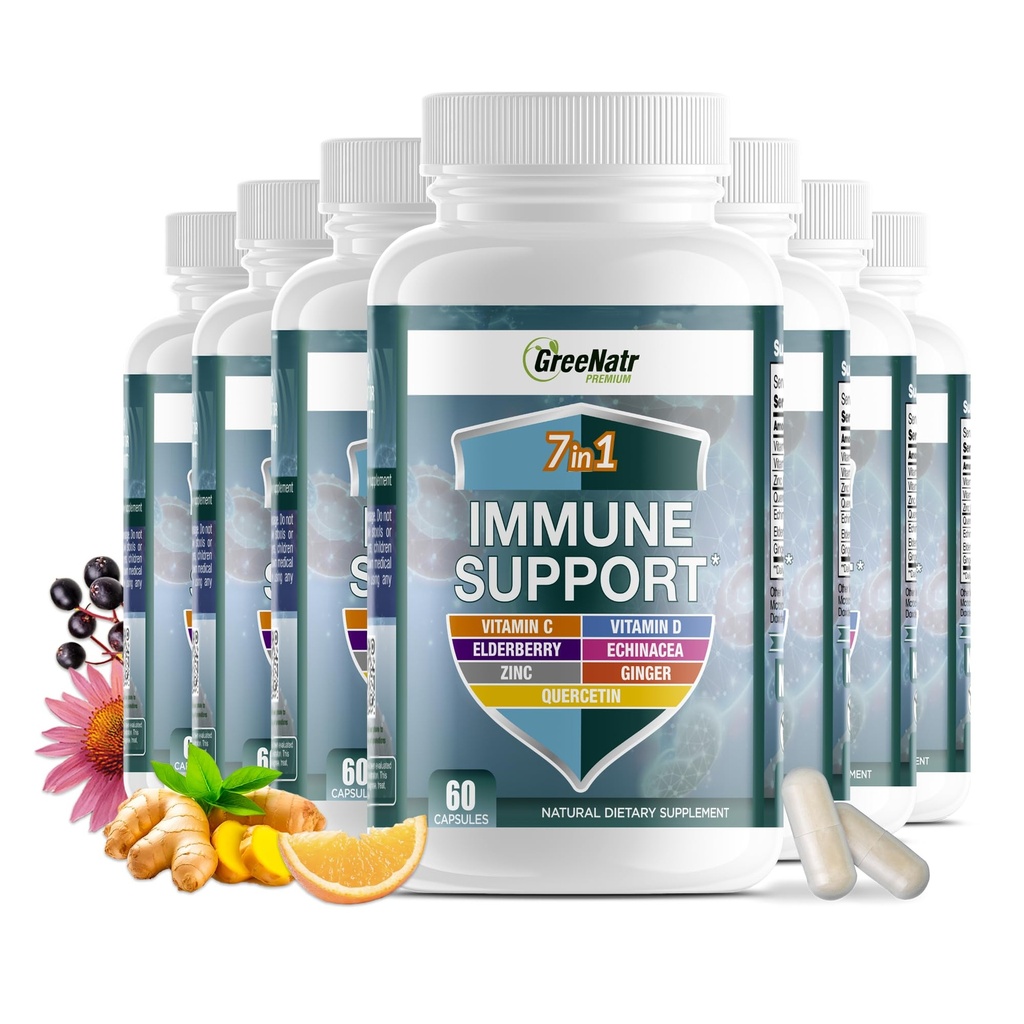 GreeNatr 7 in 1 Imune支助补编,配有维生素C、维生素D3、锌50mg、Quercetin、Echinacea Purpurea、Sambucus Elderberry和Ginger用于完全免疫防御-60 Capsules(12瓶)
