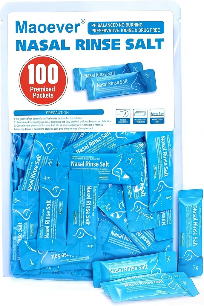 Neti Pot盐包 - 100个个人包装的盐包用于鼻水清洗 Neti Pot Refill Kit 有效鼻水灌溉 Sinus Care 鼻水净化解决方案