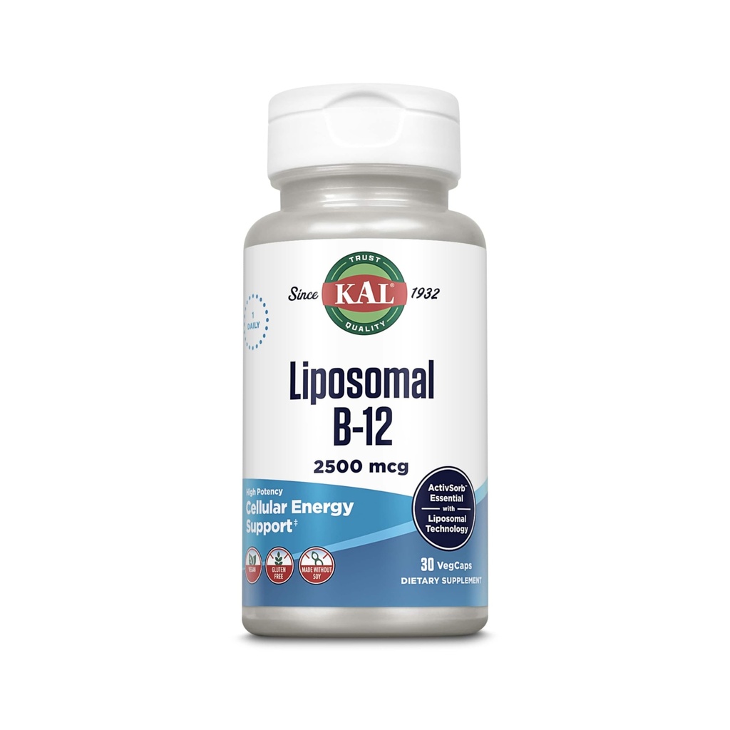 KAL Liposomal 维生素 B12 2500 mcg, 高吸附力, Liposomal 技术, 细胞能量支持, Vegan Capsules, Gluten Free, Made without Soy, 30 services