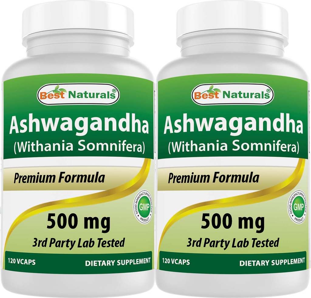 Best Naturals 2 Pack Ashwagandha Capsules for Relax and Mood, 500 mg, 120 Counters (总计240 Capsules) 超强压和摩擦