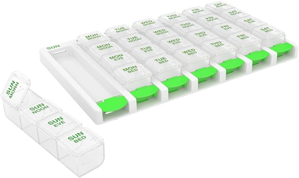 EZY DOSE周刊(7天) 4 Times a Day Pushton Pill 组织者和维生素计划者,可移动的每日 Pillboxs, Green, 方便易用, 清除 Lids, 大型, BPA 免费