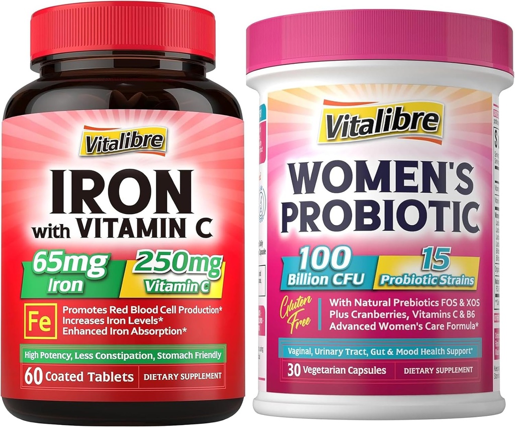 铁补品,65mg 碳酰铁配250mg 维生素C + Vitalibre 妇女抗生素 100亿 CPU, 15 Strains, w/ prebiotic, Cranberry, 维生素B6 & VC