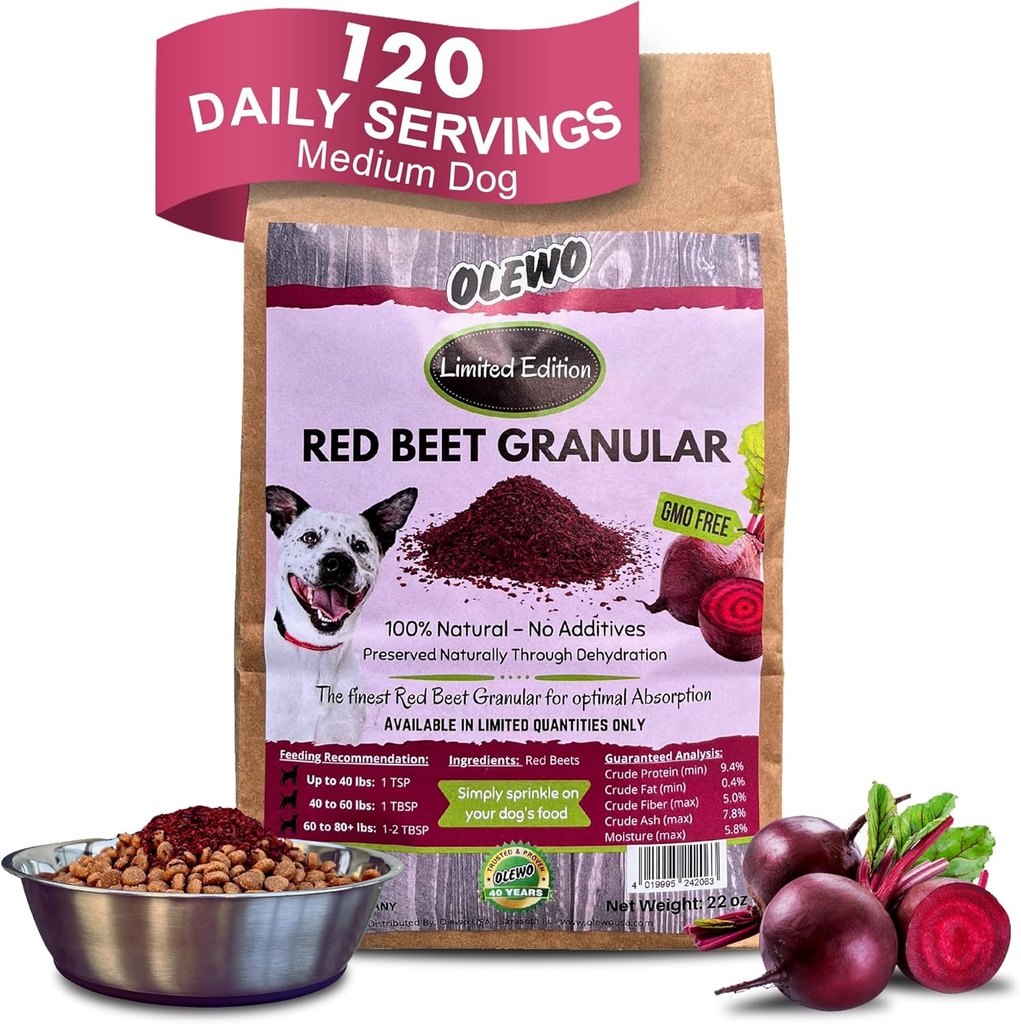 Olewo Red Beets for Dogs Granular – 天然抗痒狗食品Topper, Immune, 清洁, 皮肤和煤炭支持,脱水全食品 多维塔明和纤维, 22 oz