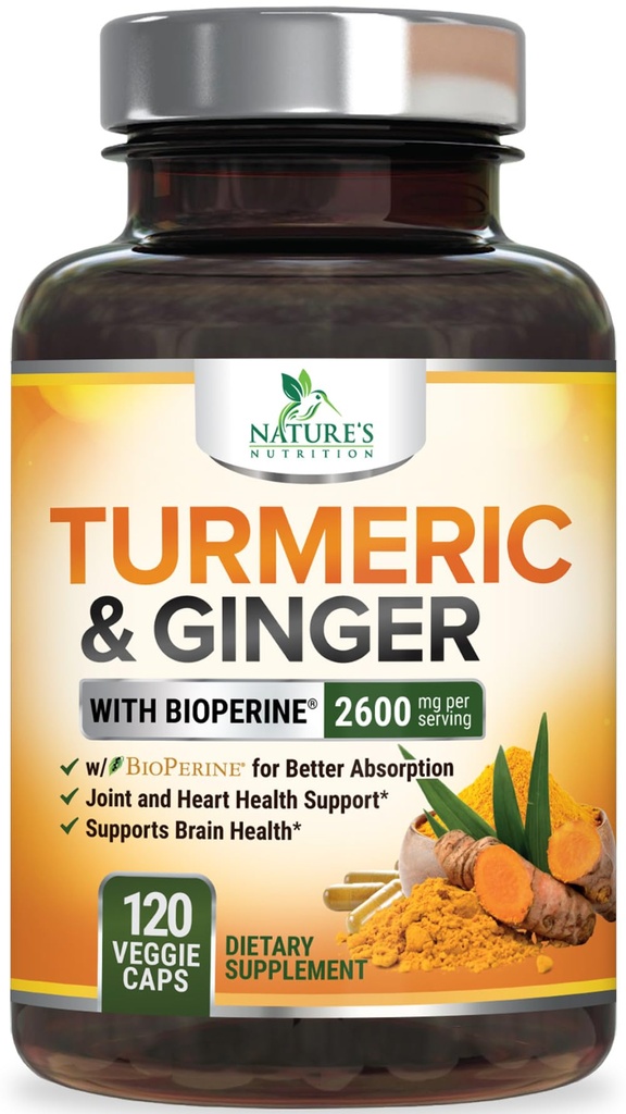 Turmeric Curcumin Supplement 2600mg - 与有机姜和Turmeric, BioPerine Black Pepper 提取 95% Curcuminoids - 高级吸收联合和抗氧化剂外力支持 - 120 Capsules