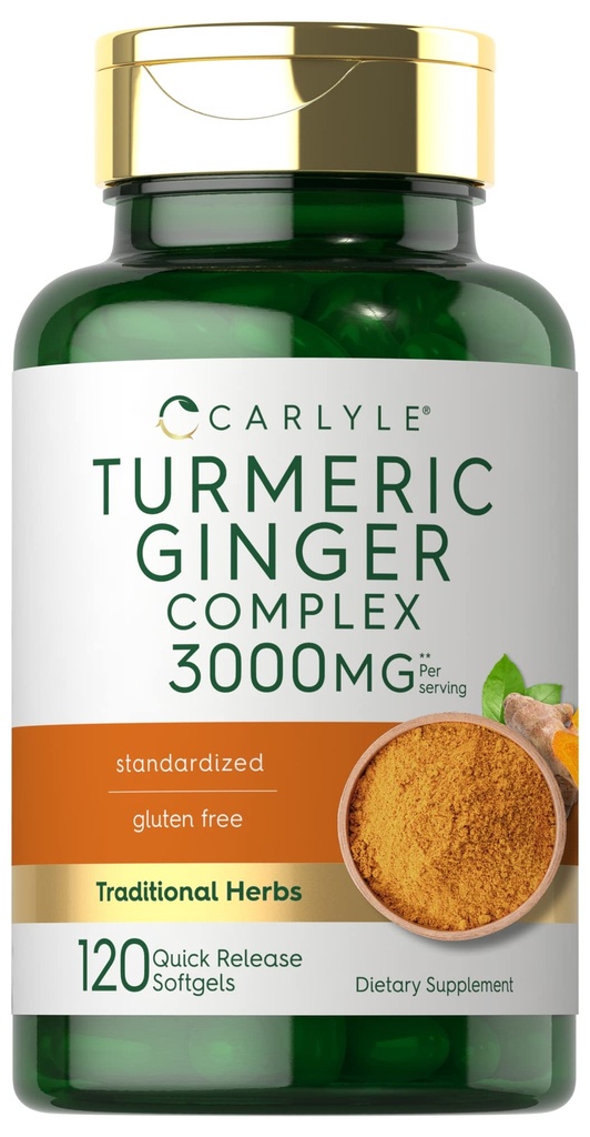 Carlyle Turmeric and Ginger Supplement 3,000 mg → 120 软胶卡普尔 → Turmeric Crucumin Complex → 与 黑胡椒抽取 → → 非 GMO, Gluten Free