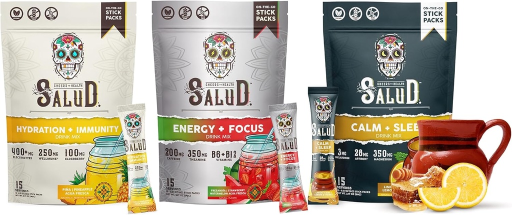 (原始内容存档于2018-09-21) (英语). Salud Variety 3-Pack 2-in-1 Hydrition + 豁免(菠萝), Energy + 聚焦(草莓西瓜)和 Calm + Sleep (Lemon Honey) – 15 services Each, Non-GMO, Gluten Free, Low Calorie, 1g of Sugar.