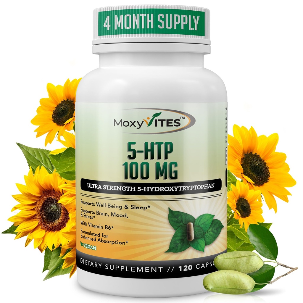 MoxyVites 5HTP 100mg 补充品,+ B6, 5HTP 有机全食 - 最佳血清素促进剂 - 非GMO, 120 Vegan Capsules