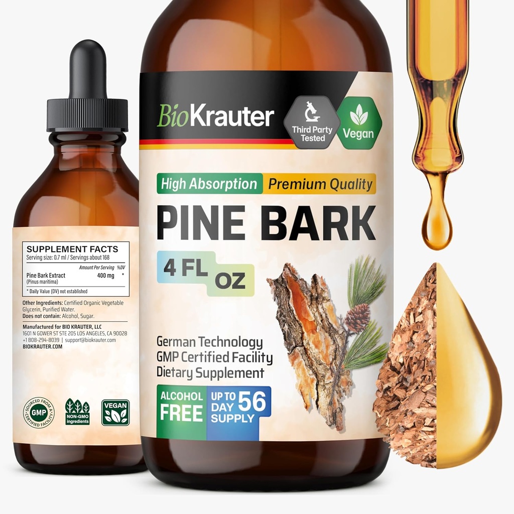 BIO KRAUTER Pine Bark Extract - Rich in Antioxidants Liquid Supplement - 400 mg French Maritime Pine Bark Extract Drops - Vegan, Alcohol & Sugar Free - 4 Fl Oz