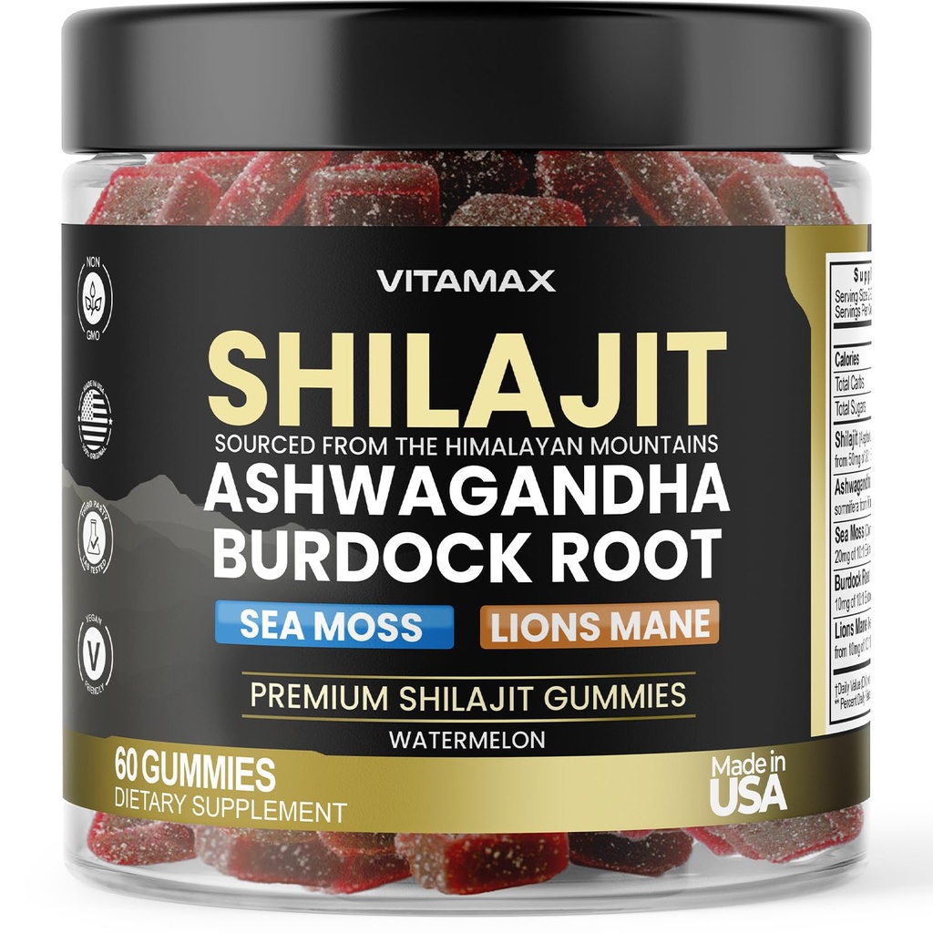 有机物Shilajit Gummys, Sea Moss, Ashwagandha, 105+ Trace Minerals – Organical Burdock Root & Lions Mane Mushroom – 西瓜 Flavor - Vegan & Non-GMO – 美国制造 – 60ct
