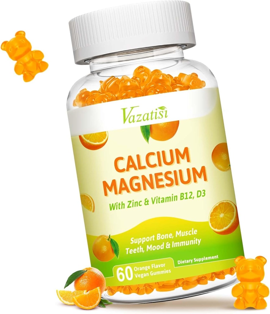 含有维生素D3和K2的镁锌酸钙,高吸收性镁,用于Immune和Calm Mood,Vegan Orange Flavor 60 Gummys