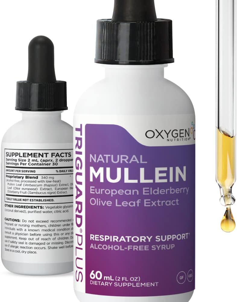 TriGuard MULLEIN Plus - Mullein 叶片提取,老莓提取和橄榄叶提取 2 fl oz → 支持健康呼吸功能和免疫系统 → 无酒精,非GMO,口味大,美国制造
