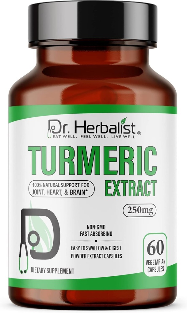 HERBALIST Turmeric Curcumin博士 摘录 250mg – 60 Vegan Capsules → 10:1 摘录 = 2500mg Raw Turmeric → 生物可用 Curcuminoids 标准化 → 天然植物支持