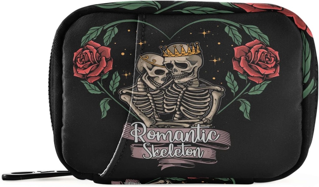 Rose Skeleton Skull in Love Pill Box 7 Day Pill Case 旅行 Pill 组织者包 配有 Zipper 便携式周刊 Case 缩写 Vitamin 补充 Holder