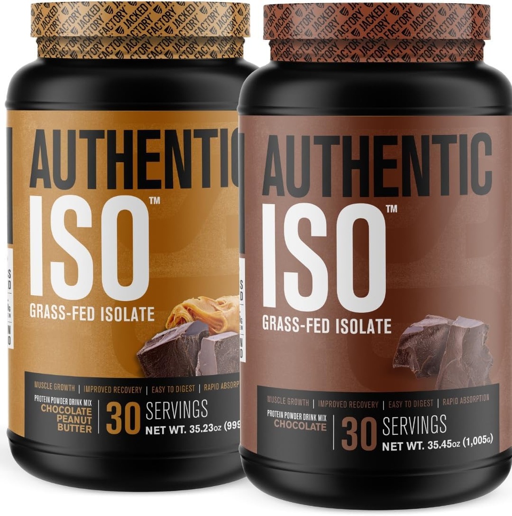 Jacked Factory Factory ISO Grass Fed Whey 蛋白质隔离粉 - 低卡,非GMO 肌肉建筑 蛋白质w/无填料(Chocolate Palenty Butter, 30sv) & (Chocolate, 30sv)