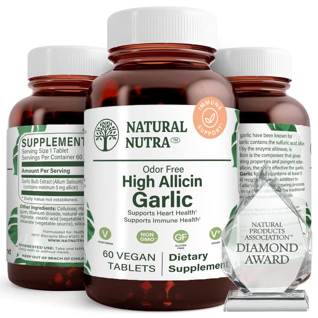 天然Nutra High Allicin Garlic 补充,支持免疫系统,改善心脏健康,改善酶健康,更好的消化,对抗冷和流感,Vanilla Coating, 500mg, 60 Vegan 片