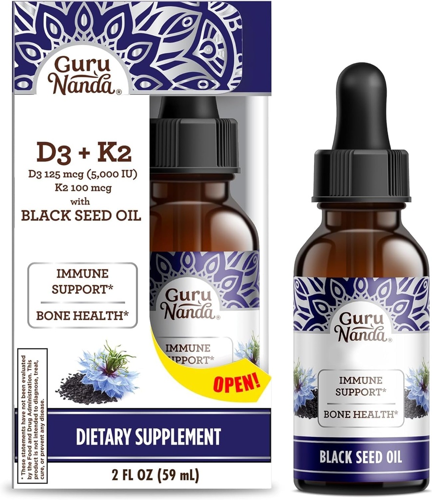 GuruNanda Wellness Bundle: 液体 Ashwagandha 与 Bacopa (1 Fl Oz) 用于聚焦和放松支持与黑种子油 (2 Fl Oz) 与维生素D3, K2 & E 用于Immune Boosting - Vegan & Non-GMO).