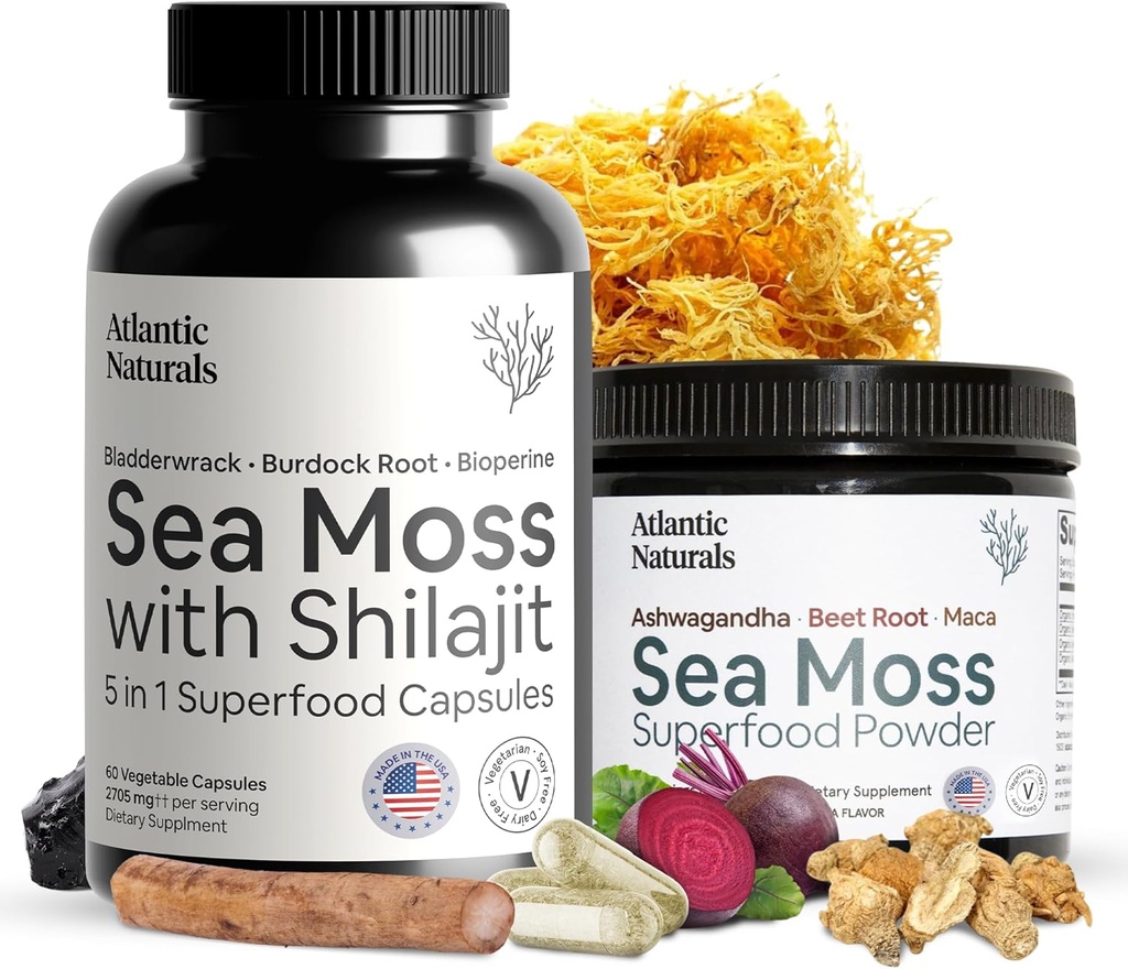 大西洋自然海 摩斯超级食品包 - 海 摩斯 配有 Shilajit 5-in-1 Capsules & Sea Moss Powder 配有 Ashwagandha, Beet Root & Maca Root - 增强生命力,皮肤和运动支持 60 cm t & 150g