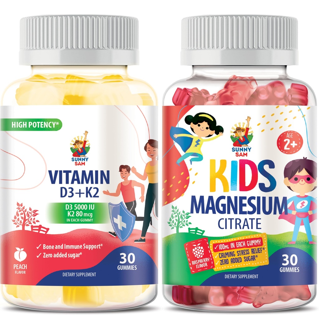 SUNNY SAM Magnesium Gummys for Kids 和维生素D3 K2 Gummys 5000 IU.