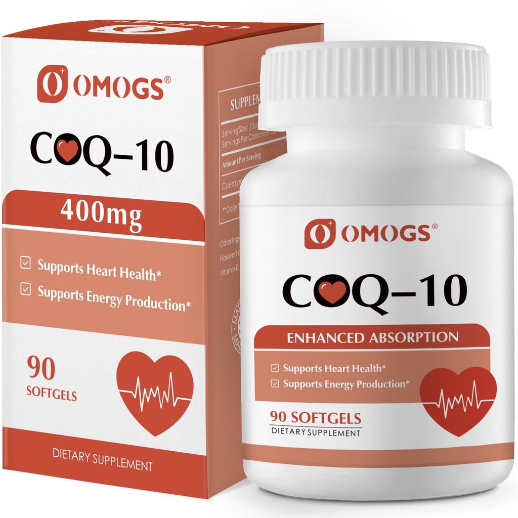 OMOGS CoQ10 400mg 软胶,Coenzyme Q10 高吸附补充支持心脏健康,心血管健康,免疫系统和细胞能生产,Gluten Free,90 Softgels