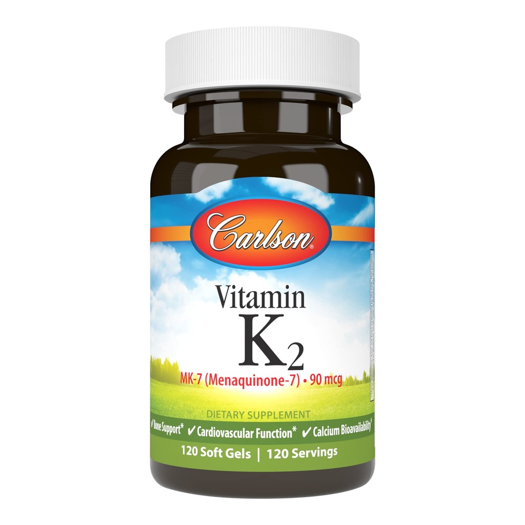 Carlson - 维生素K2 MK-7(梅纳奎酮),90 mcg,骨支持,钙生物利用率,K2维生素,维生素K-2,120软胶