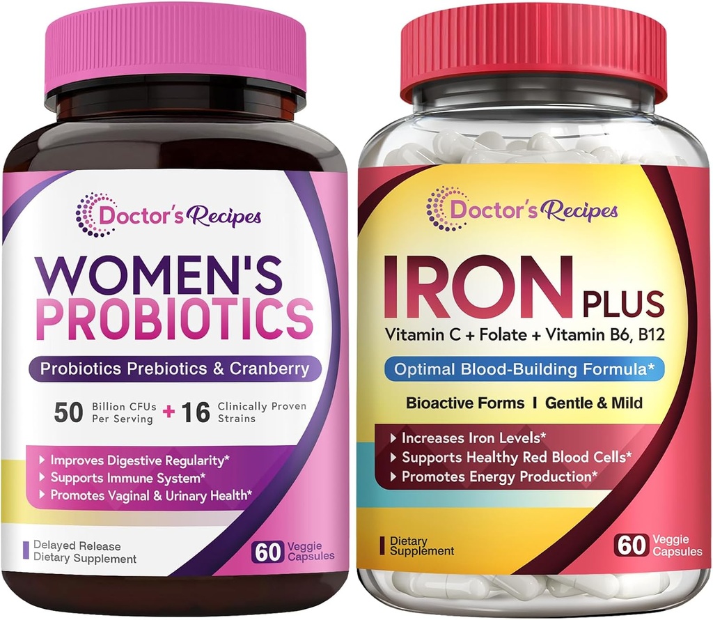 医生的食谱 " 女性保生与铁加工厂 " 、 " 女性健康与血液支持 " 、 " Probiotic Capsules 60ct " 和 " Iron Capsules 60ct