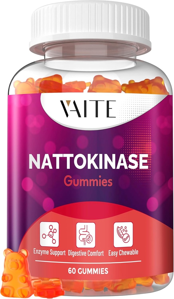 VAITE Nattokinase Supplement 2000 FU(纤维分析单位) 100mg - Enzyme Supplement, Vegan 配方, 支持健康, 双强, 非GMO, Soy Free, Gluten Free, 60 蔬菜 Gummys