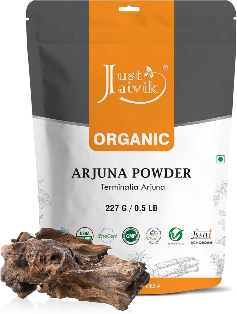 Jaivik 100% 有机阿琼纳巴克粉(Terminalia Arjuna) 1/2 LB, 08 oz, 227g USDA 认证 有机-生物降解性 Zip Lock Pouch 传统复兴剂和心脏通心剂*
