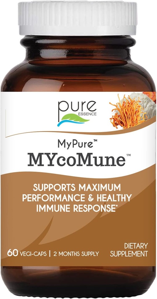 Pure ESSENCE LABS MycoMune Immune 支持补编 - 集中的有机蘑菇粉提取剂 - Reishi, Lion's Mane, Cordyceps, Chaga, Shiitake, Maitake - 60 Caps