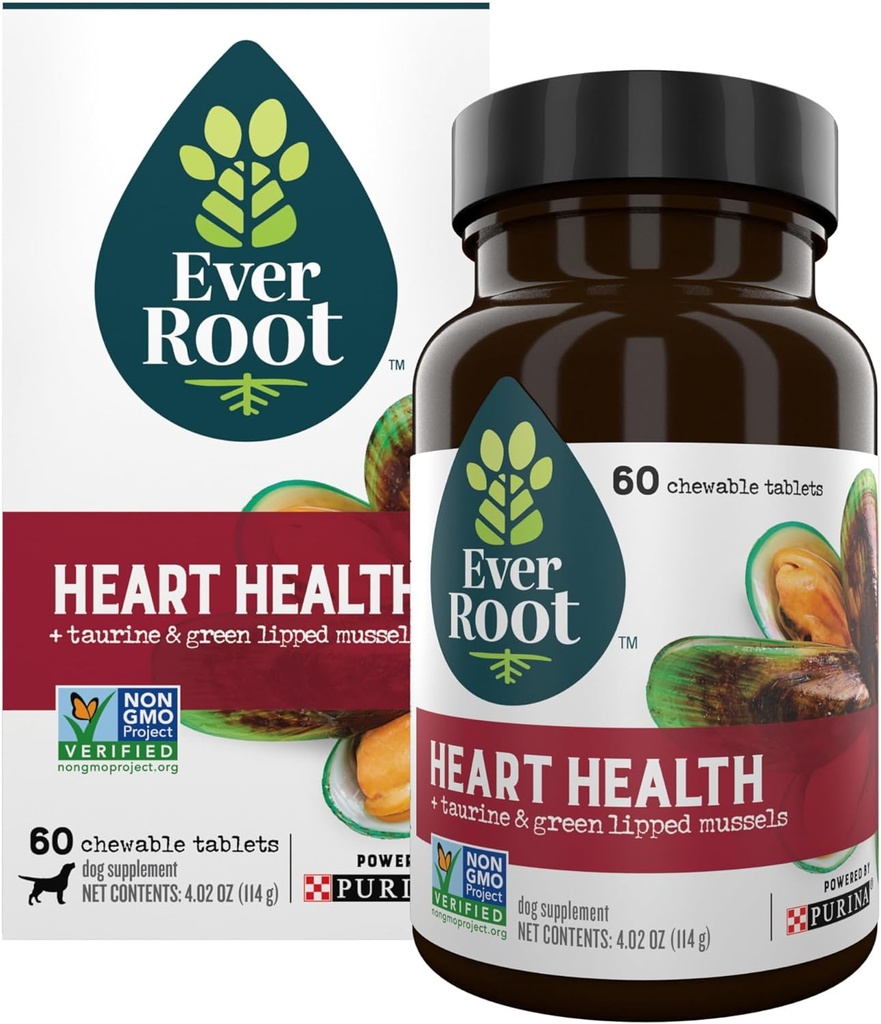 EverRoot Dog Heart 补充了用陶林和绿色浸泡的Mussels 配有的心脏健康可嚼药片 - 4.02 oz. 弹匣