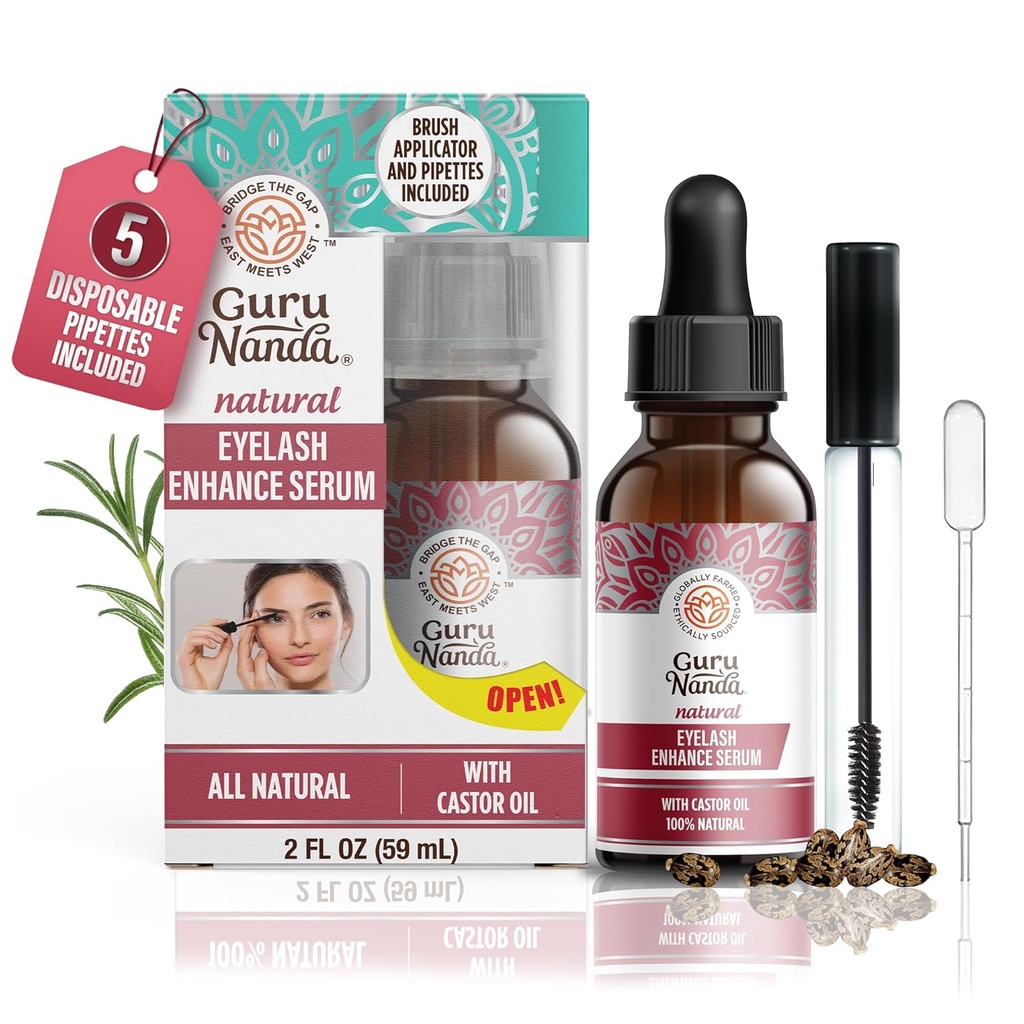 GuruNanda天然铸油器油眼用Rosemary Oil加固血清-Brush applicationator & 5 Pipettes, 帮助眉毛和胡子的自然毛发生长, 2 Fl Oz
