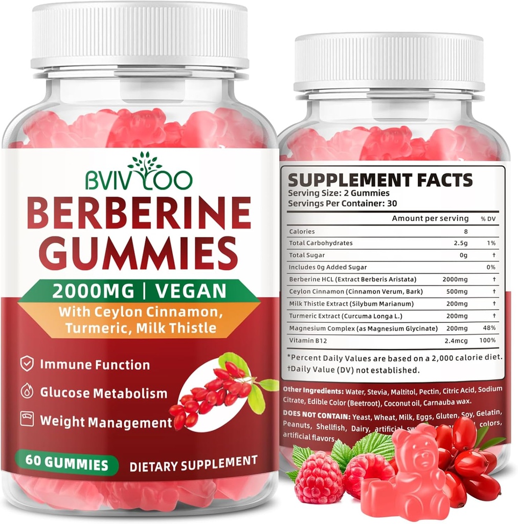 Premium Berberine Gummys, 2000mg 高概率 Berberine HCI 补编, + 锡兰肉桂, 女性和男性的牛奶硝酸盐, 免疫系统和代谢支持 - 60 Gummys