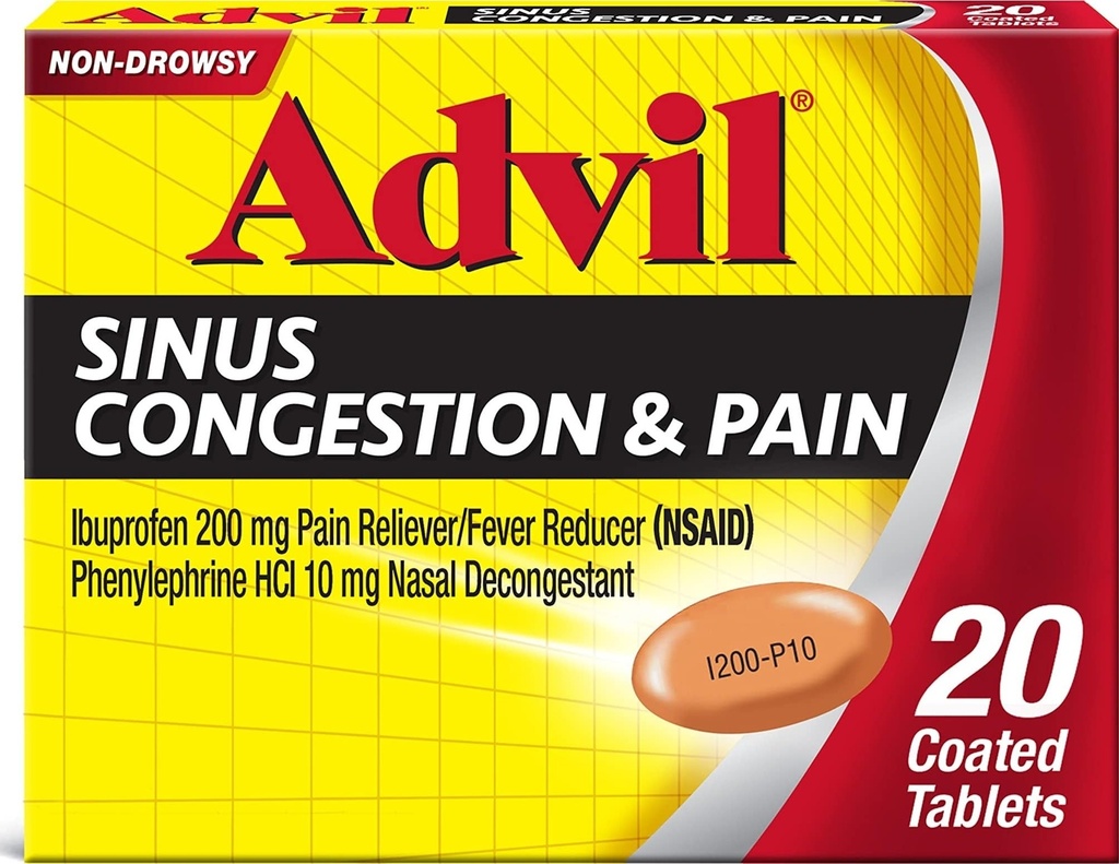 Advil Sinus Contracting and Pain, Sinus Relief Medicine, Pain Reliever and Fever Reducer with Ibuprofen 和 Phenylephrine HCl - 20 纸片
