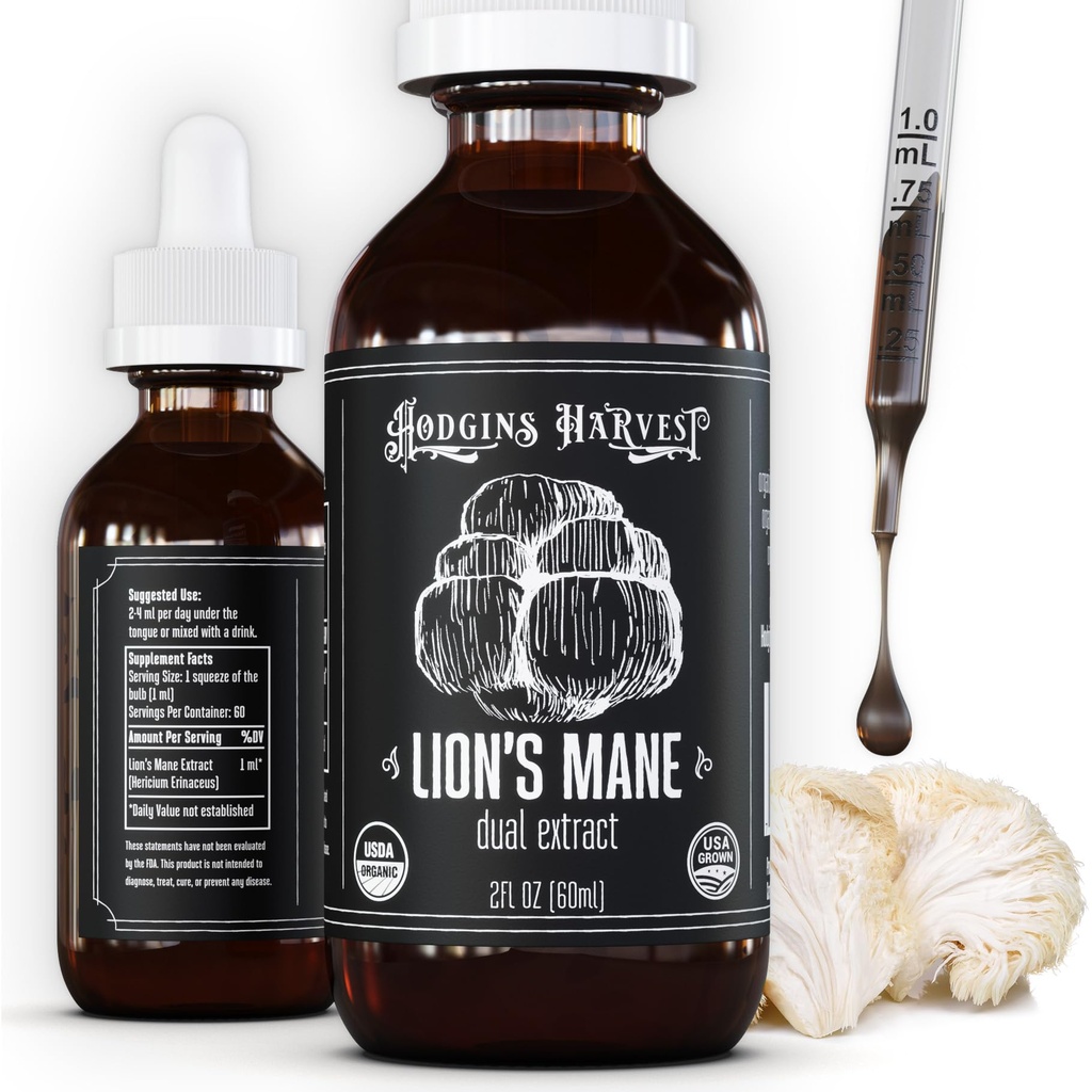 Hodgins 收获有机狮子的毛细果体提取图案 - 用于脑健康和精神焦点的蘑菇补充 - 双提取公式 - 额外集中 - 2 fl oz瓶