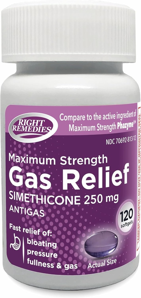 气体减量最大强度,Simethicone 250 mg, (120 Softgels), 快速减量从气体中, 膨胀, 饱和, 痛苦的不适, 与最大强度的 PHZYME 活性成分相比
