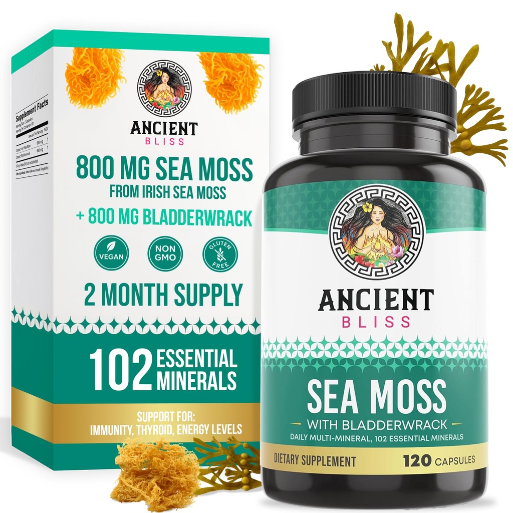 古老的Bliss 有机爱尔兰海蚊药丸 - Sebi Wildcrafted Seamoss Capsules – 甲状腺素,健康皮肤和古特支持 – 120 Capsules