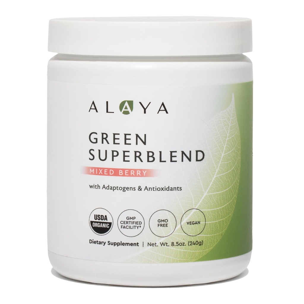 阿拉亚有机超绿色粉末 - Premium Green Juice Superfood 补充粉末 - 适应剂,抗氧化剂和抗生素 混合剂 - USDA Organic, Non-GMO, Vegan - 30 services (混合莓)
