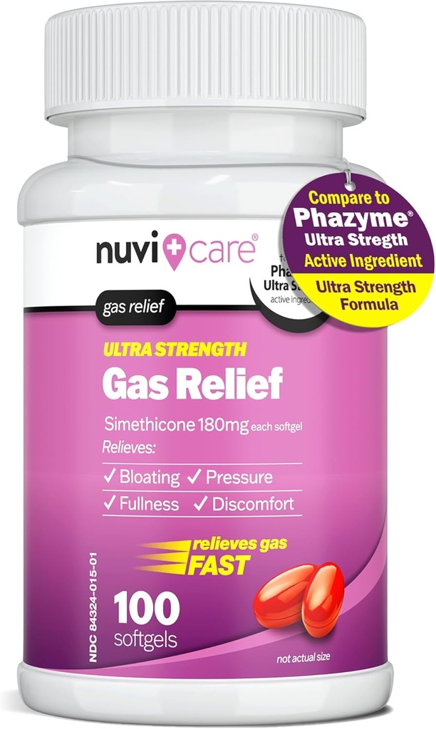 超强气体救济 - Simethicone 180mg Softgels - Anti Gas and Bloating Relief - 与法齐姆抗毒气药丸中的活性成分比较 - 成人胃气救济(100计)