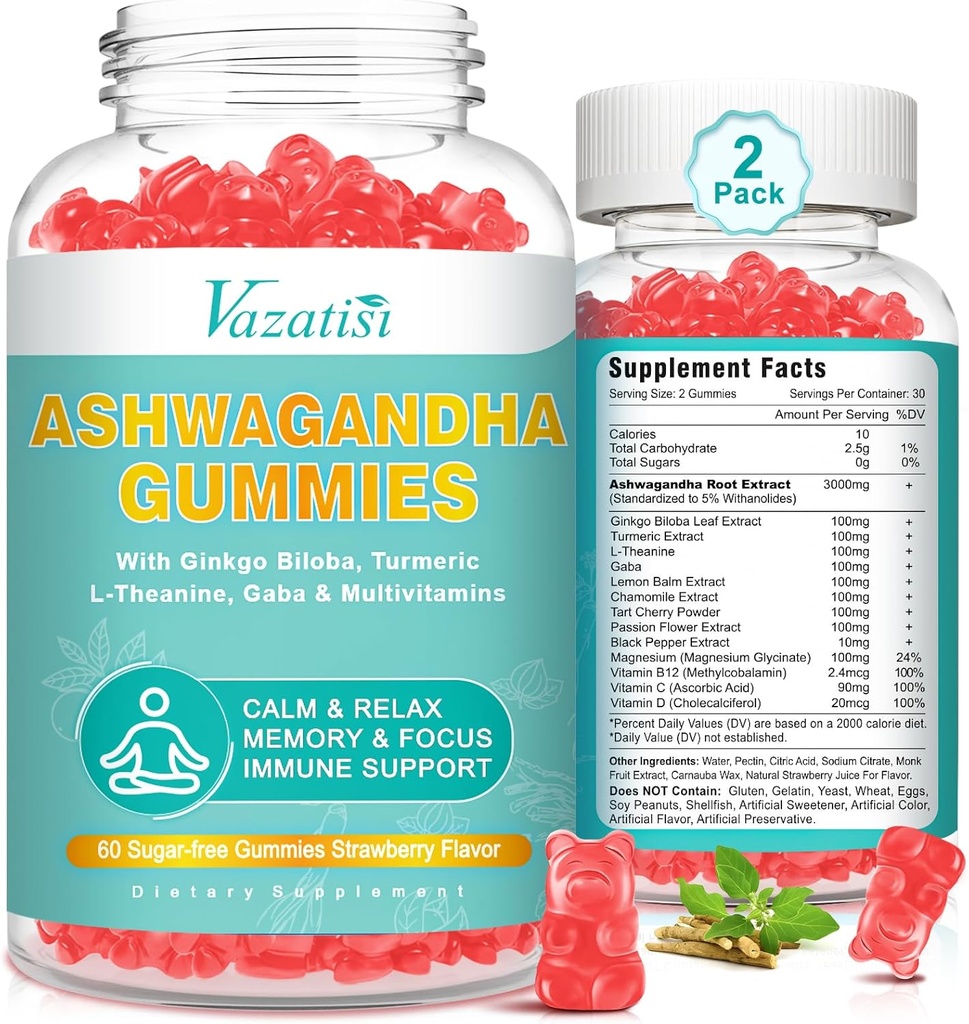 2 Pack Ashwagandha Gummys配有Turmer GABA Mood Energy and Immune Support,草莓Flavor 120 Cts
