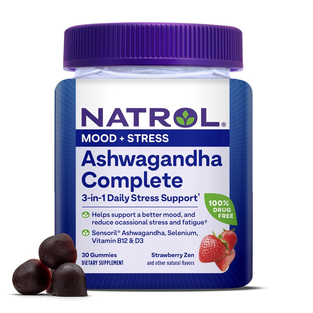 Natrol Ashwagandha Complete Gummy, 3-in-1 每日压力支助, 支持更好的情绪, 减少偶尔压力和肥胖, 30古米, 最多15天的供应