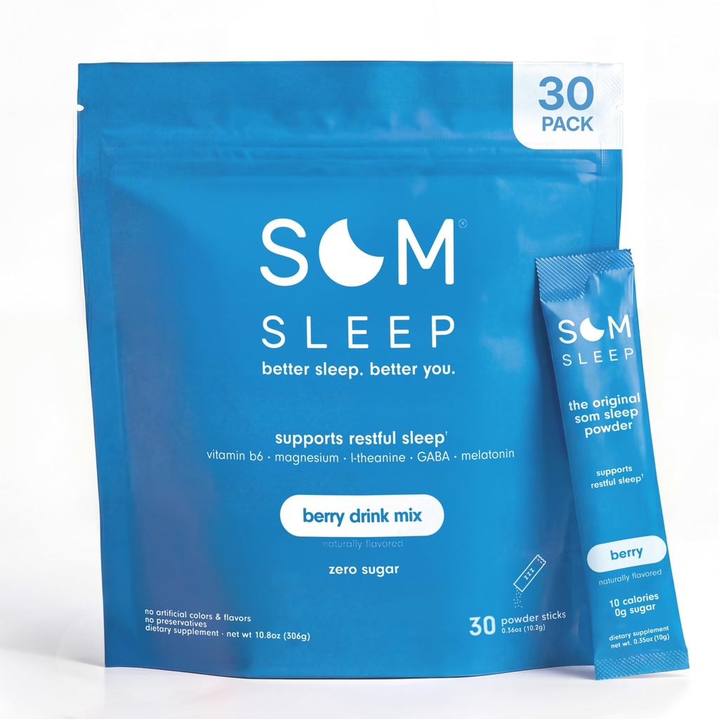 Som Sleep, Calm Sleep Powder Drink Mix, 3mg Melatonin, 镁,维生素B6, L-Theanine & GABA – Vegan, Keto Friendly – 零糖莓, 30-Pack