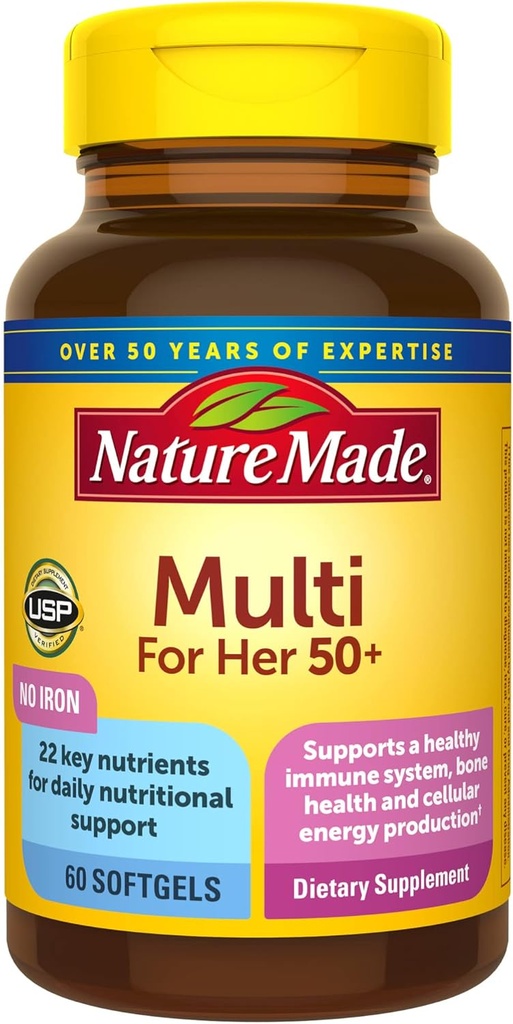Nature Made multivitamin for her 50+ with no Iron, Womens Multivitamin for Daily 营养支持, Multivitamin for women, Multivitamin for women, 60 Softgels, 60日供应