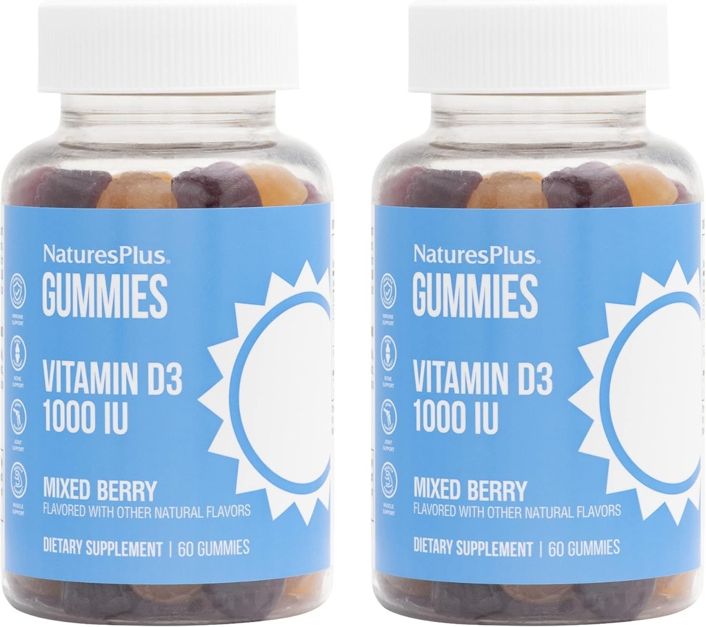 Natures Plus Gummys 维生素D3 1000 IU,混合莓-60 Gummys,包2 - 促进骨质健康和免疫功能 - Vegan,Gluten Free,非GMO - 120 总服务量